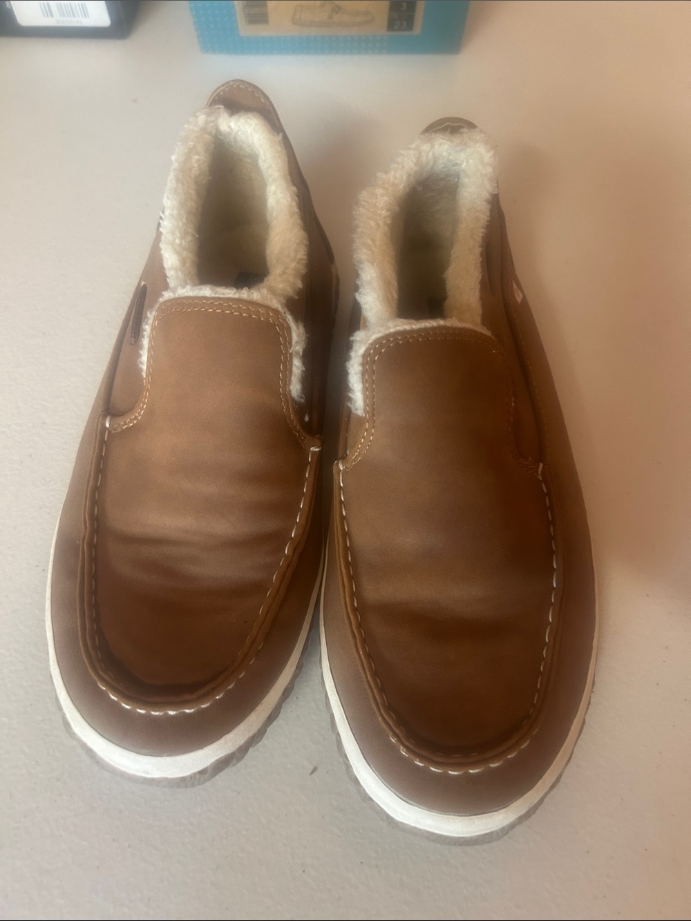 Sperry Kids Brown Slip-On Moccasins with Cream Faux-Shearling Lining